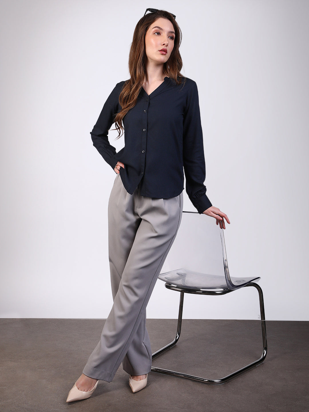 Women's Navy Modal Viscose Full Sleeve Regular Fit Casual Solid Shirt with Mandarin Collar