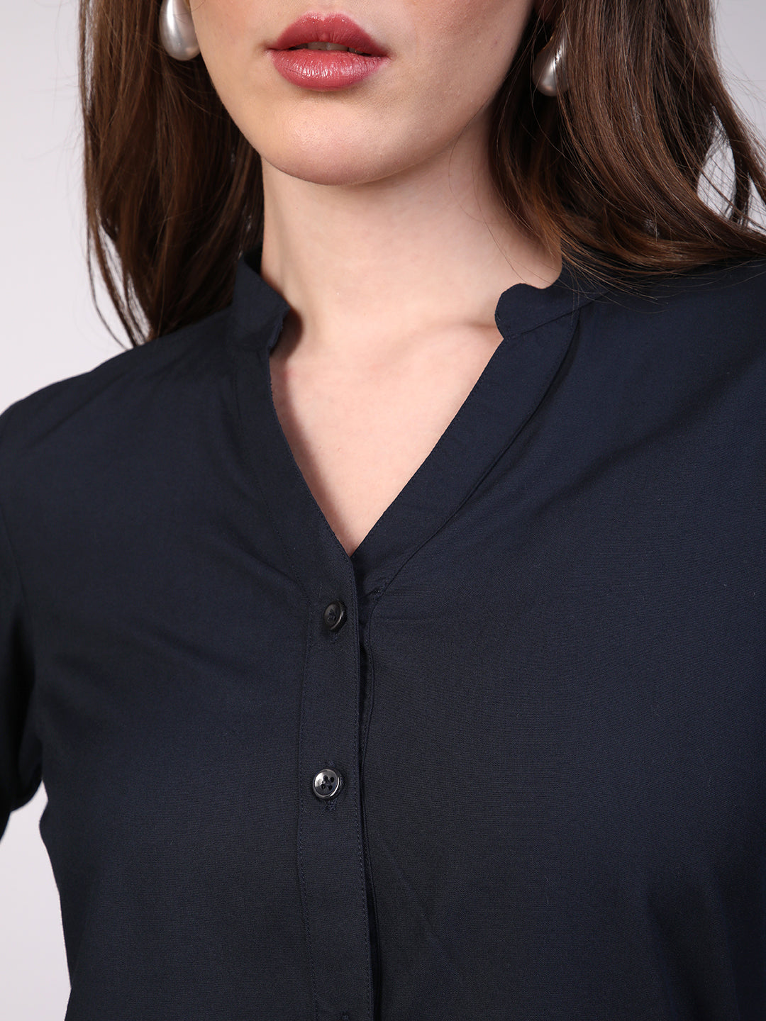 Women's Navy Modal Viscose Full Sleeve Regular Fit Casual Solid Shirt with Mandarin Collar