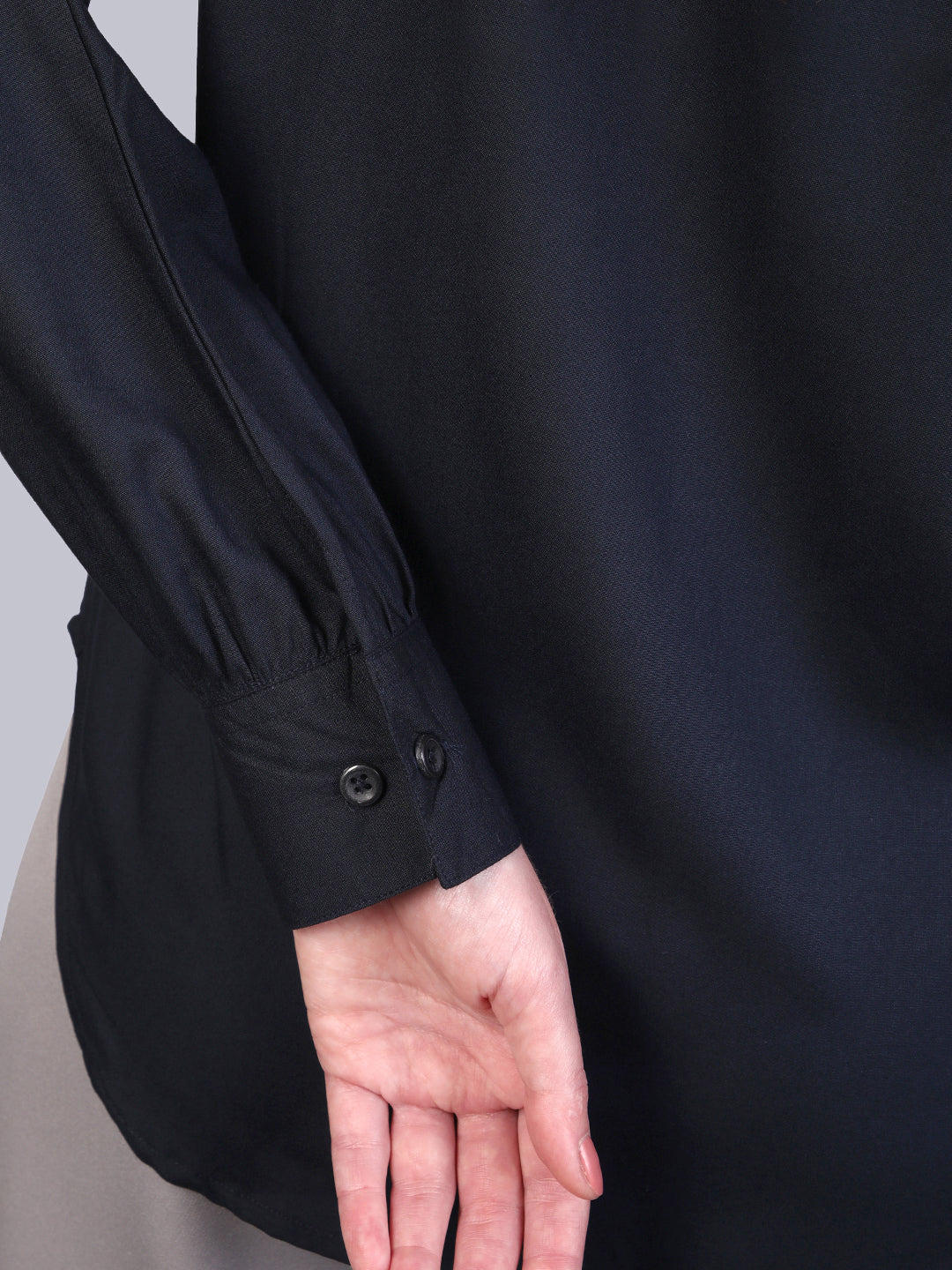 Women's Navy Modal Viscose Full Sleeve Regular Fit Casual Solid Shirt with Mandarin Collar