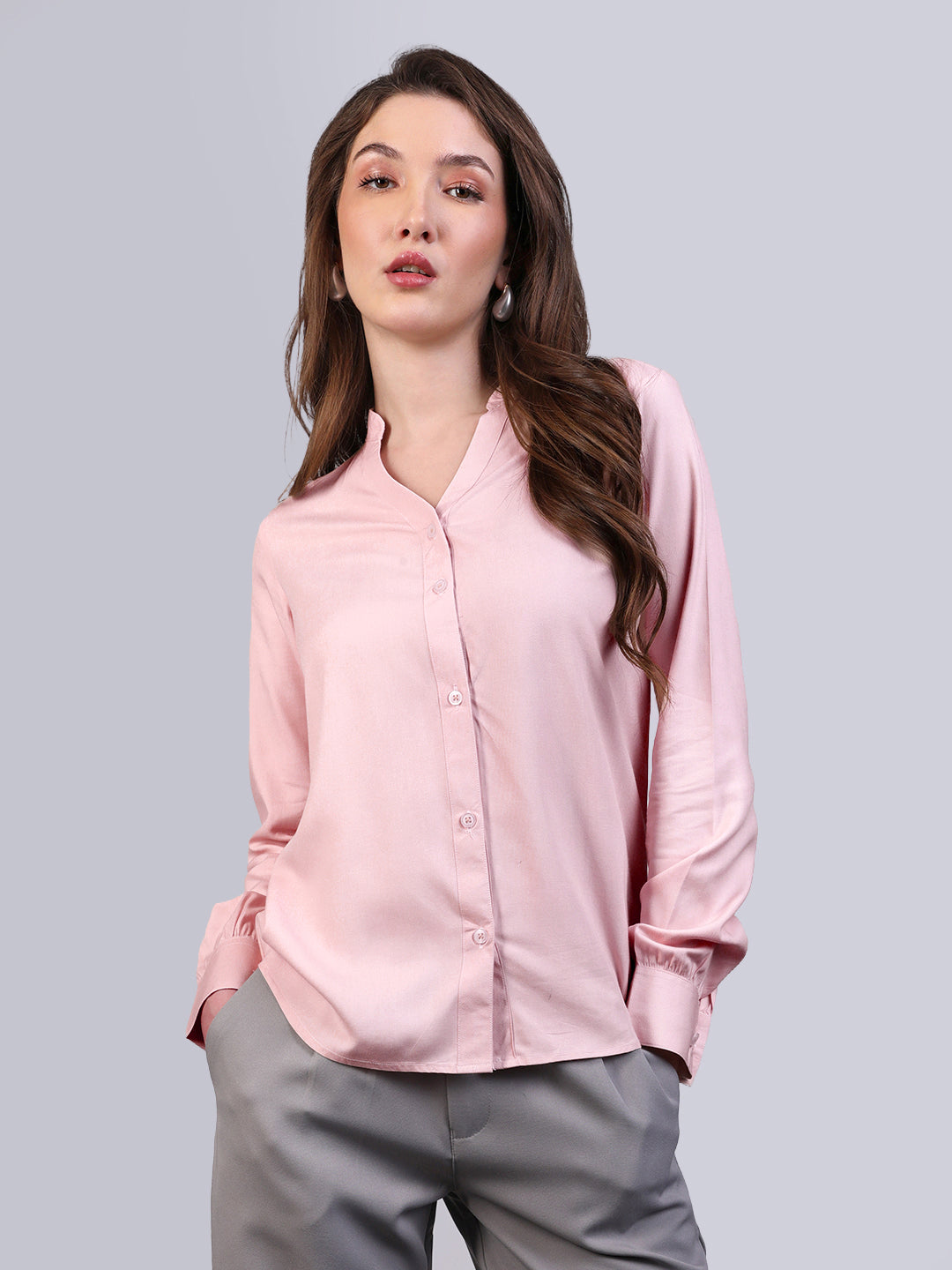 Women's Pink Modal Viscose Full Sleeve Regular Fit Casual Solid Shirt with Mandarin Collar