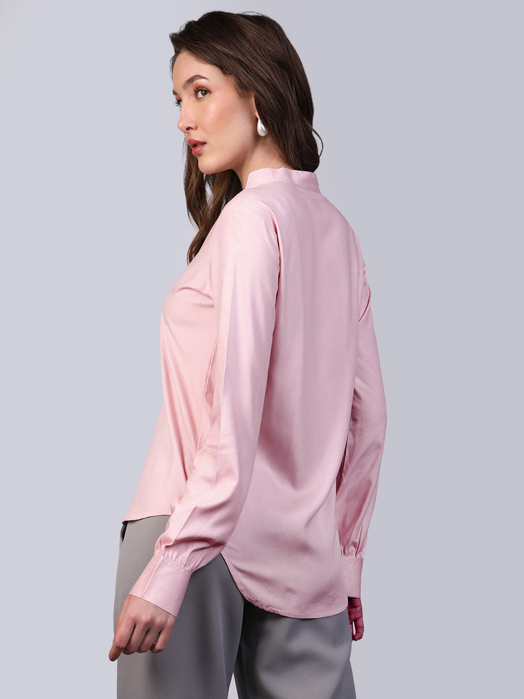 Women's Pink Modal Viscose Full Sleeve Regular Fit Casual Solid Shirt with Mandarin Collar