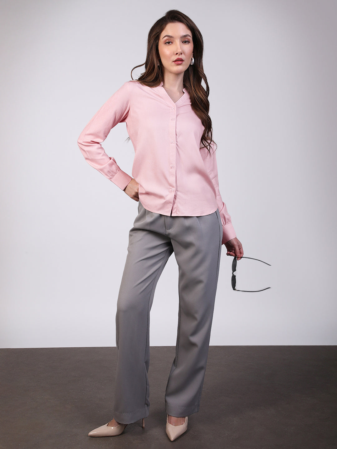 Women's Pink Modal Viscose Full Sleeve Regular Fit Casual Solid Shirt with Mandarin Collar