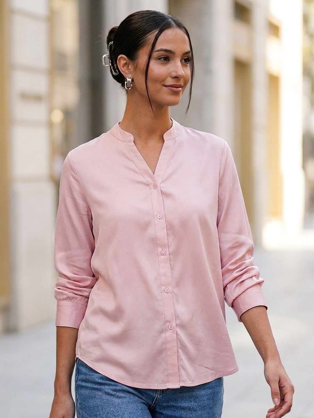 Women's Pink Modal Viscose Full Sleeve Regular Fit Casual Solid Shirt with Mandarin Collar
