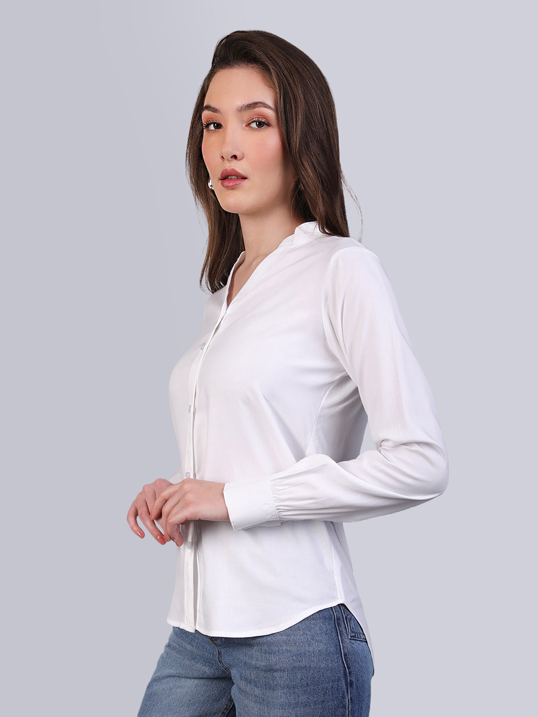 Women's White Modal Viscose Full Sleeve Regular Fit Casual Solid Shirt with Mandarin Collar