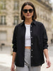 Women's Black Cotton Full Sleeve Oversized Fit Casual Solid Slub Shirt with Spread Collar