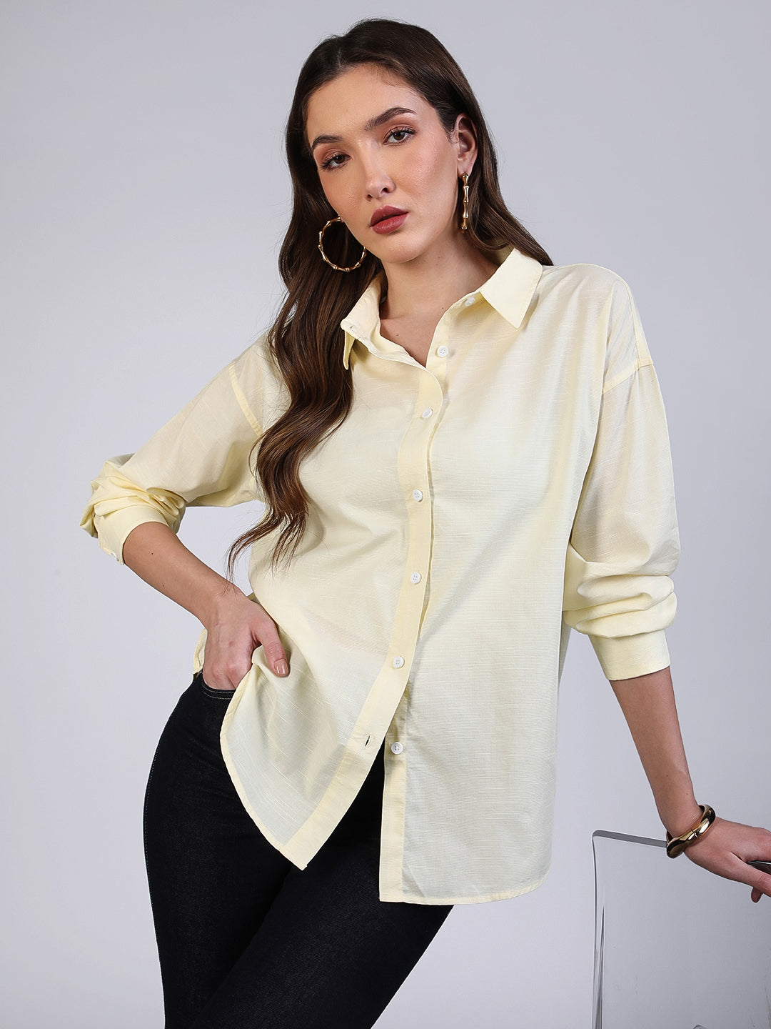Women's Butter Cotton Full Sleeve Oversized Fit Casual Solid Slub Shirt with Spread Collar
