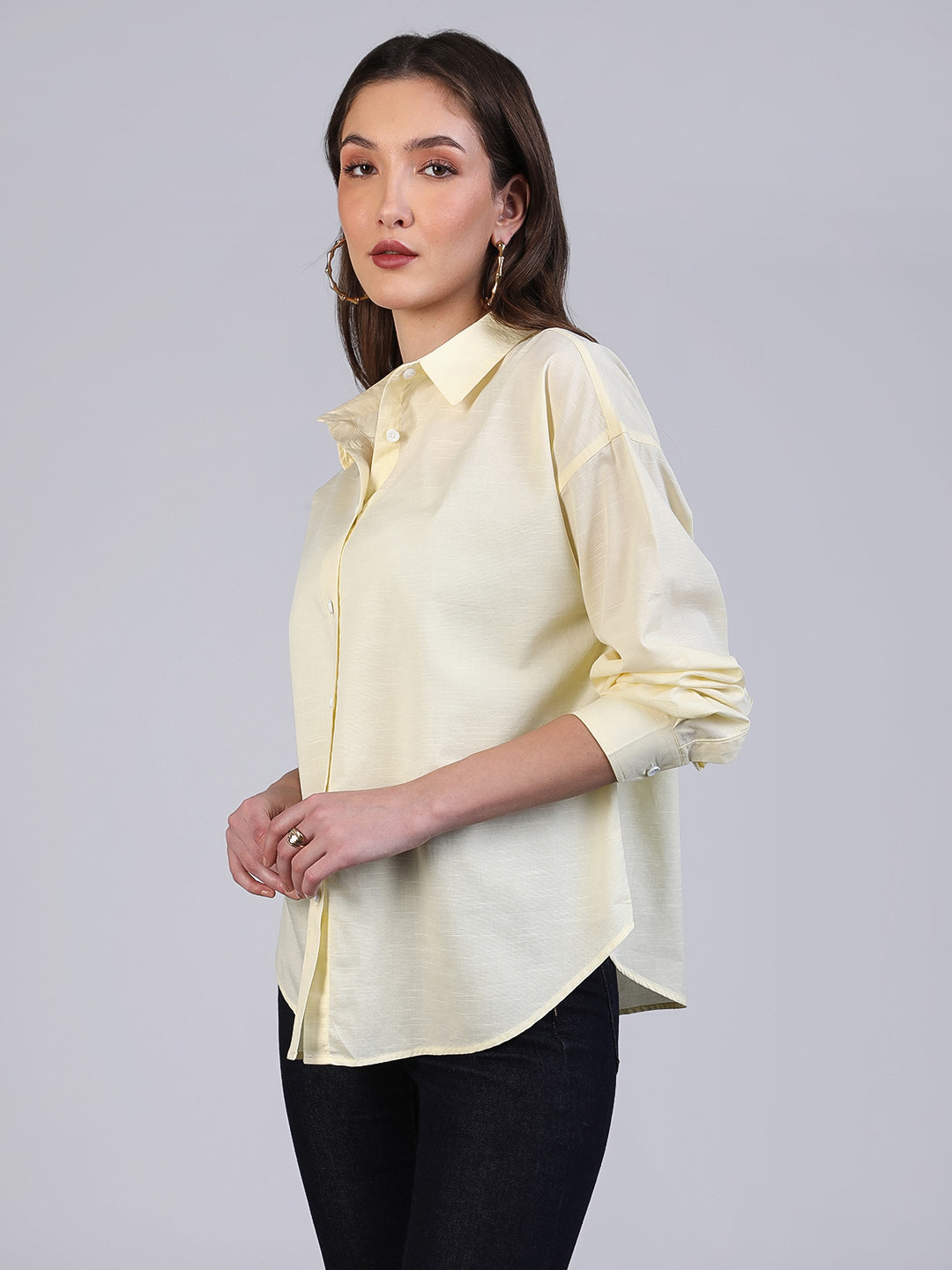 Women's Butter Cotton Full Sleeve Oversized Fit Casual Solid Slub Shirt with Spread Collar