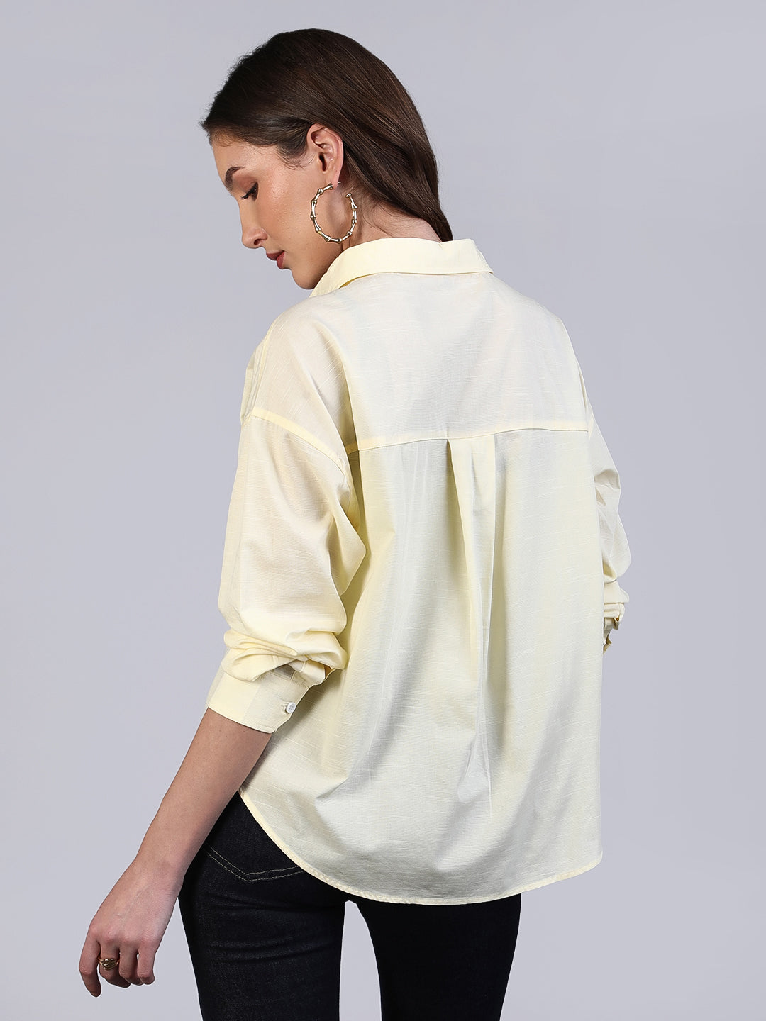 Women's Butter Cotton Full Sleeve Oversized Fit Casual Solid Slub Shirt with Spread Collar