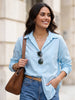 Women's Light Blue Cotton Full Sleeve Oversized Fit Casual Solid Slub Shirt with Spread Collar