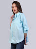 Women's Light Blue Cotton Full Sleeve Oversized Fit Casual Solid Slub Shirt with Spread Collar