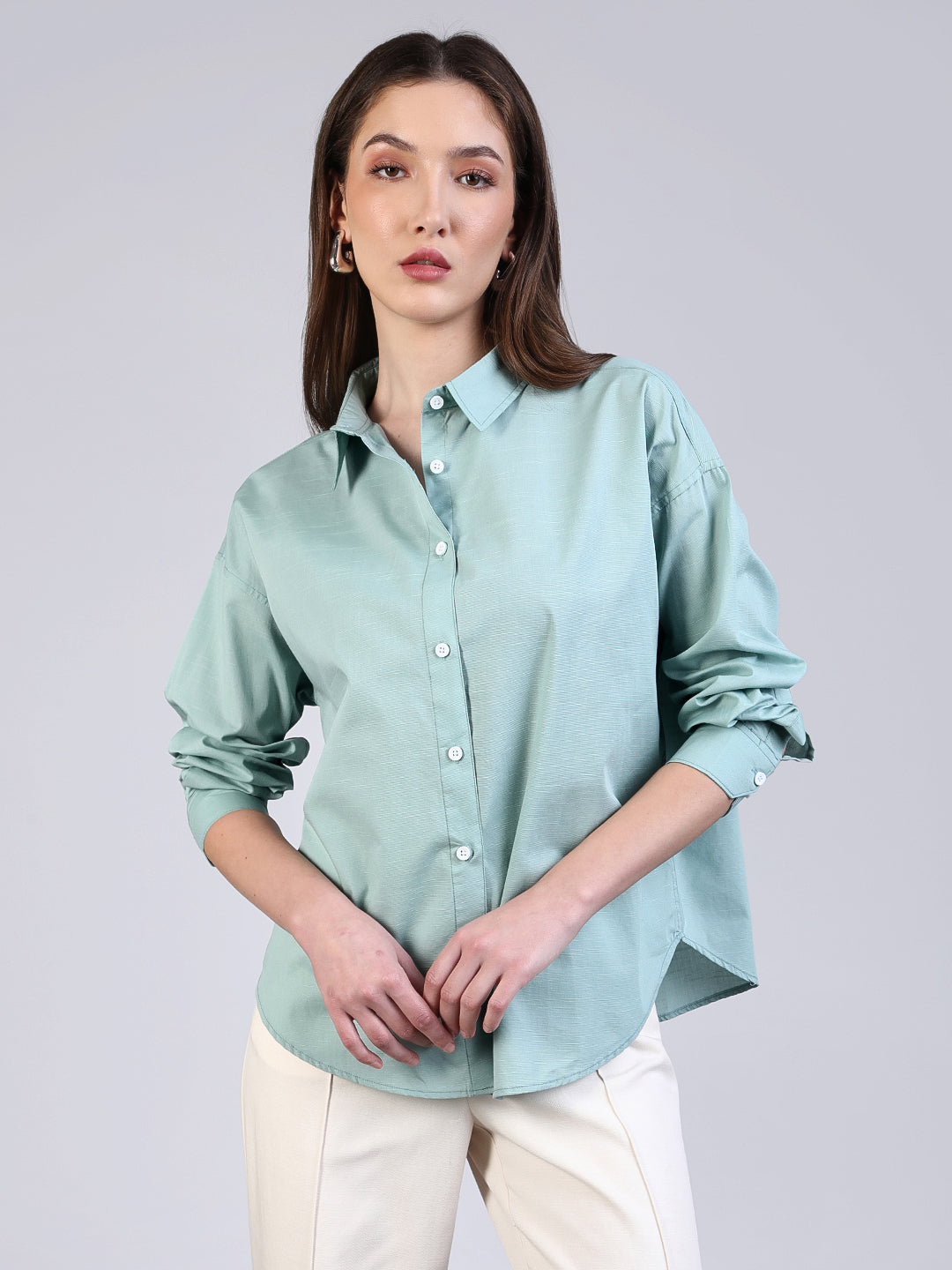 Women's Mint Cotton Full Sleeve Oversized Fit Casual Solid Slub Shirt with Spread Collar