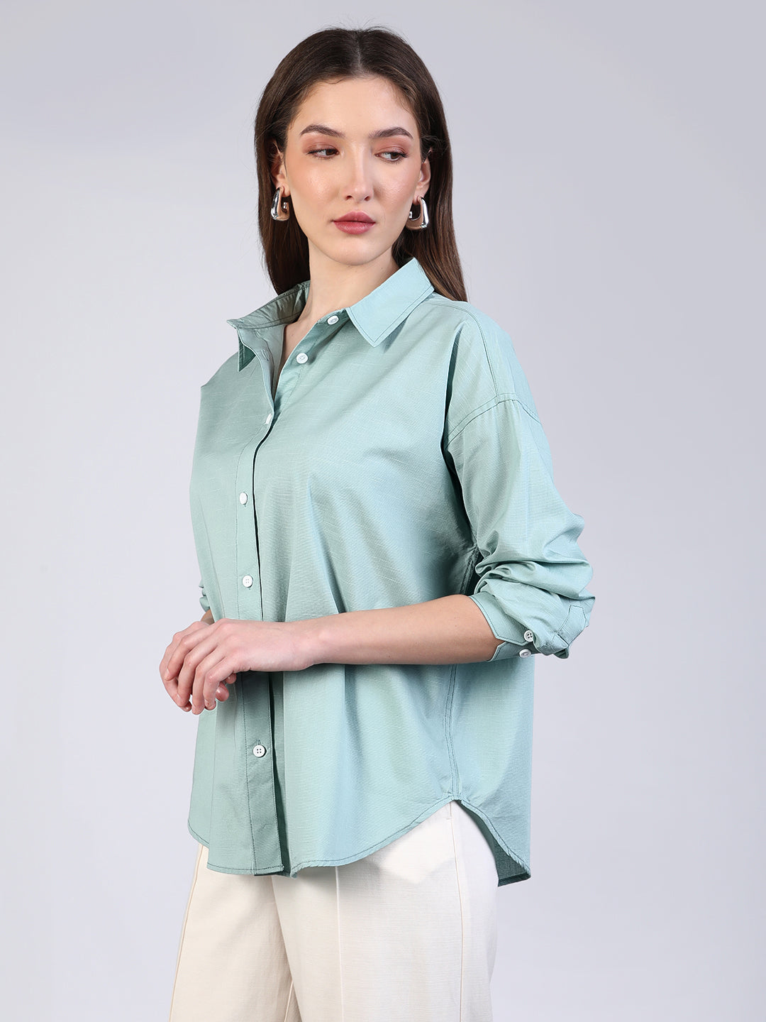 Women's Mint Cotton Full Sleeve Oversized Fit Casual Solid Slub Shirt with Spread Collar