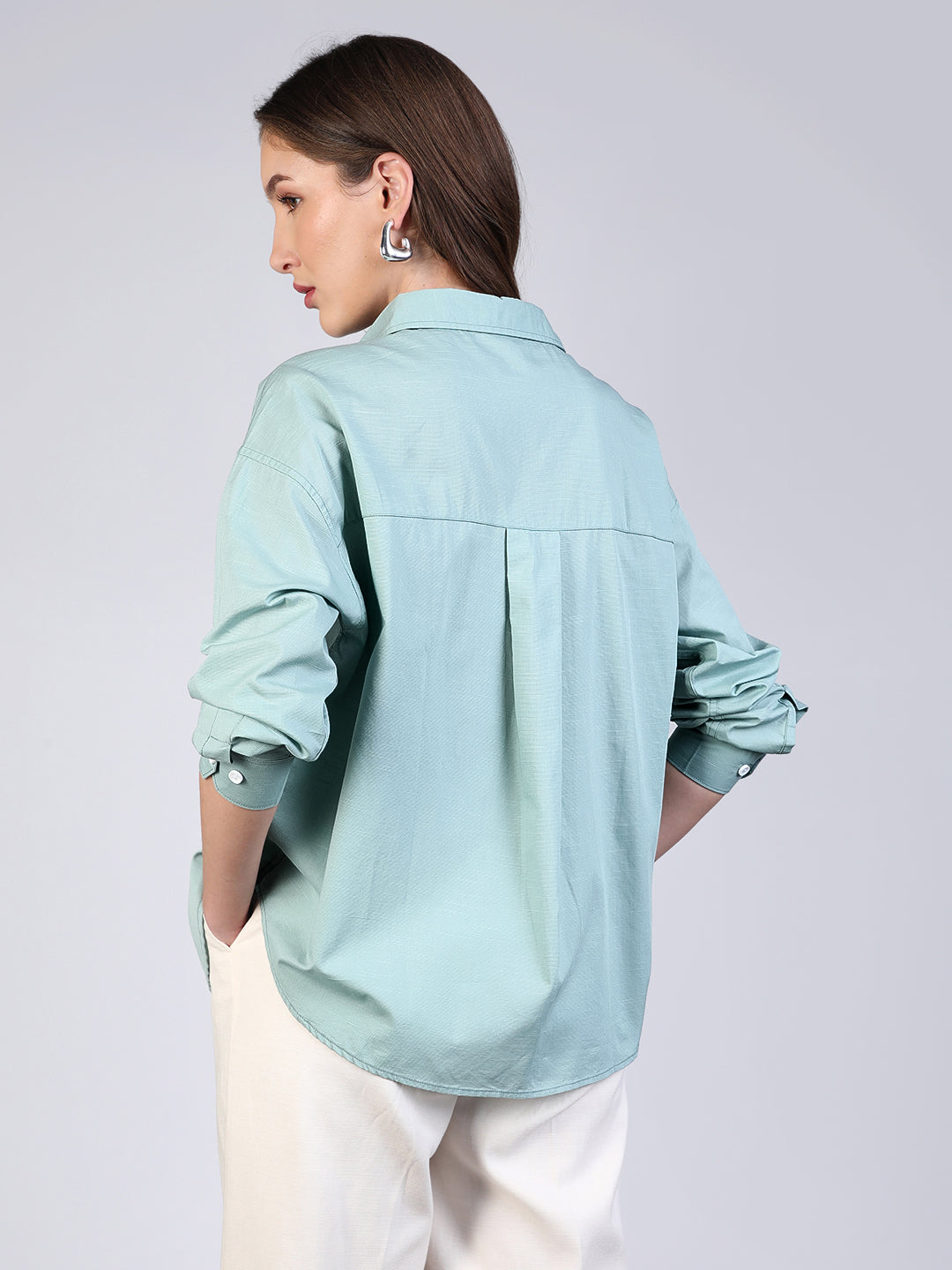 Women's Mint Cotton Full Sleeve Oversized Fit Casual Solid Slub Shirt with Spread Collar