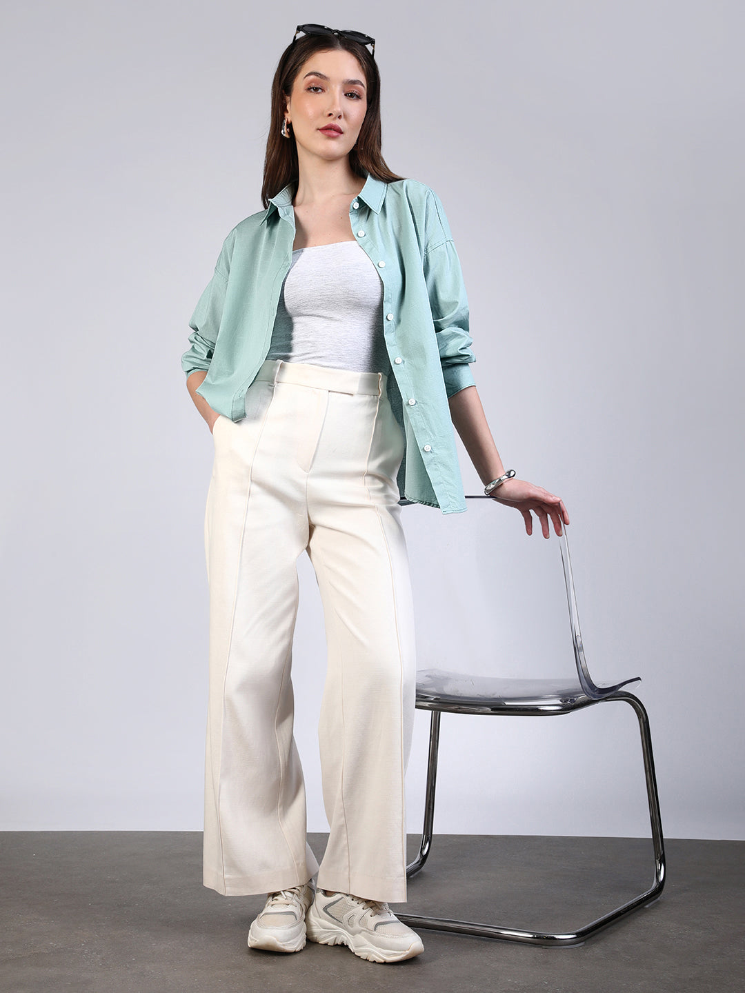 Women's Mint Cotton Full Sleeve Oversized Fit Casual Solid Slub Shirt with Spread Collar