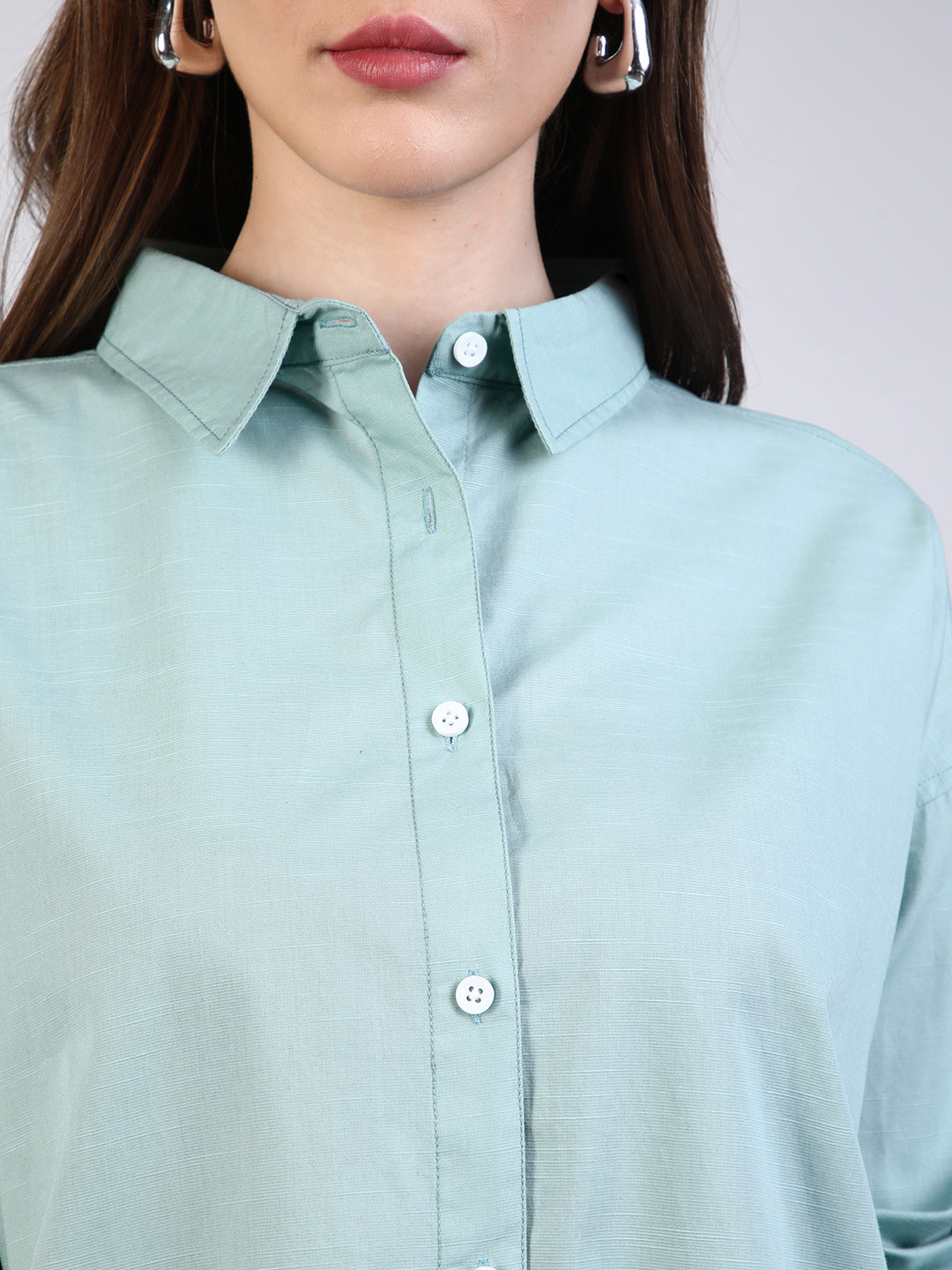 Women's Mint Cotton Full Sleeve Oversized Fit Casual Solid Slub Shirt with Spread Collar