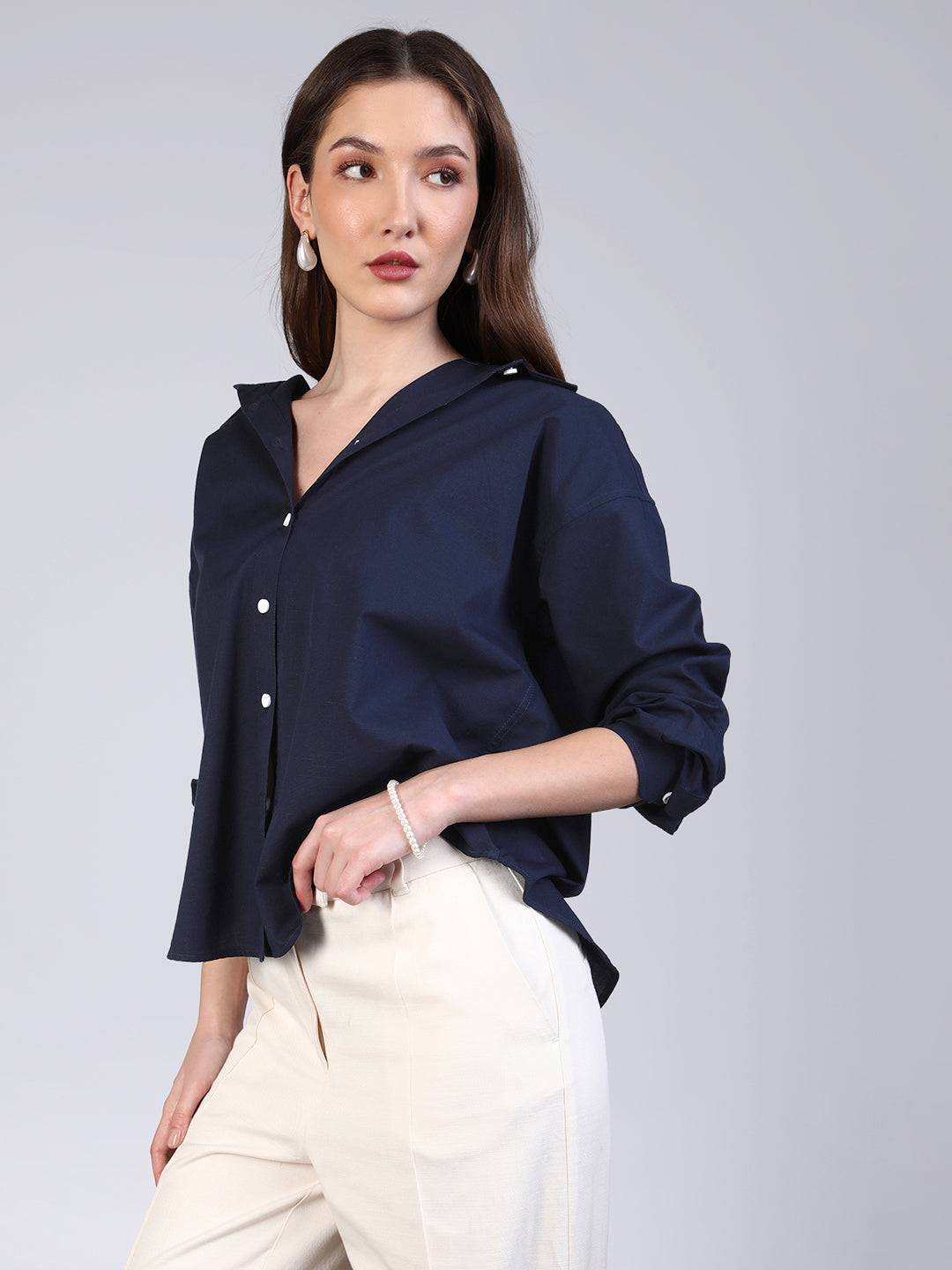 Women's Navy Cotton Full Sleeve Oversized Fit Casual Solid Slub Shirt with Spread Collar