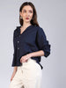 Women's Navy Cotton Full Sleeve Oversized Fit Casual Solid Slub Shirt with Spread Collar