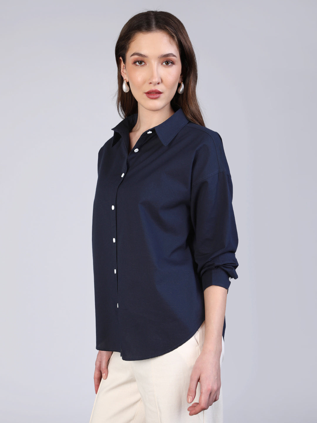 Women's Navy Cotton Full Sleeve Oversized Fit Casual Solid Slub Shirt with Spread Collar