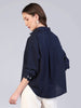 Women's Navy Cotton Full Sleeve Oversized Fit Casual Solid Slub Shirt with Spread Collar