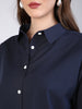 Women's Navy Cotton Full Sleeve Oversized Fit Casual Solid Slub Shirt with Spread Collar