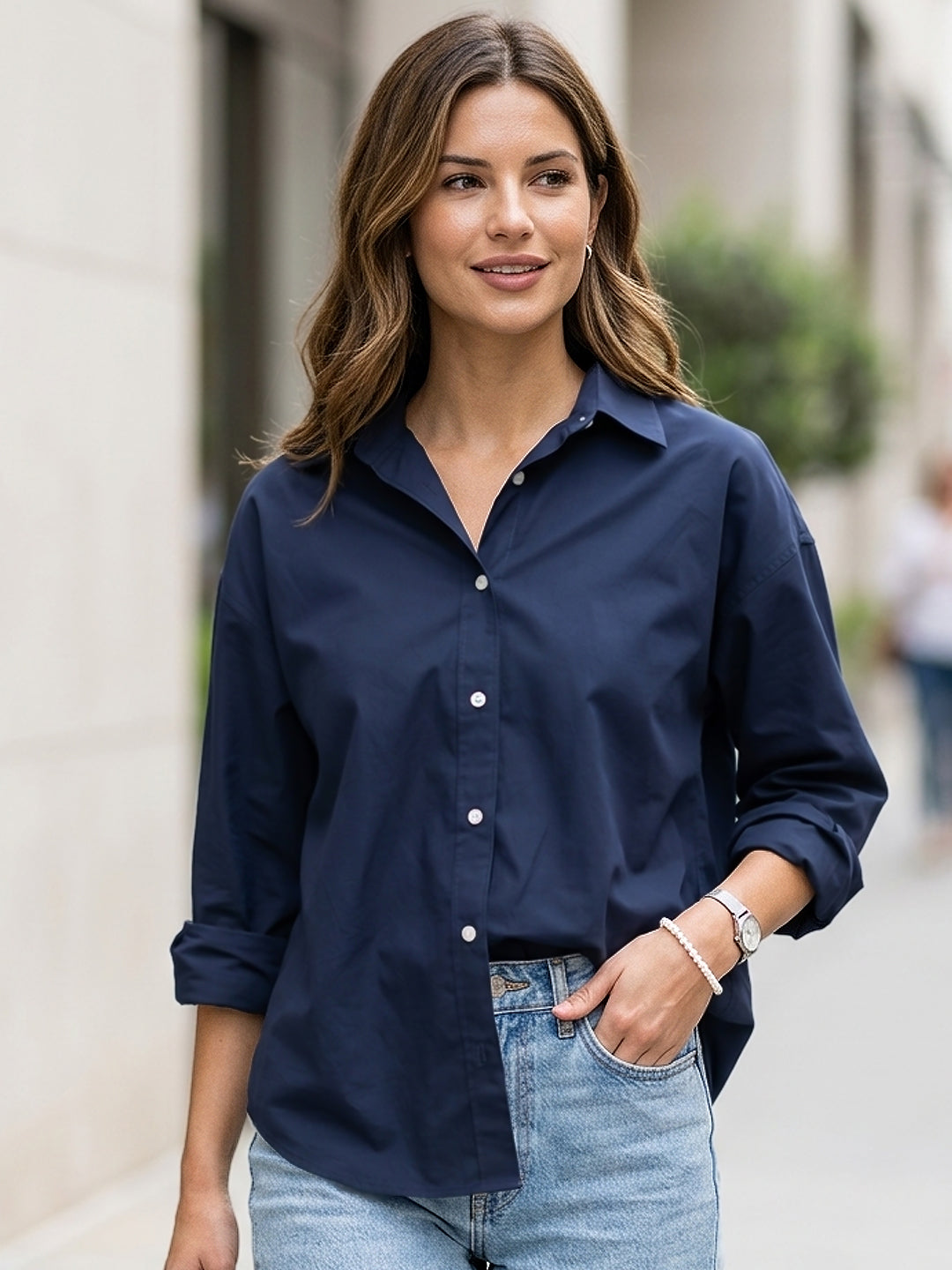 Women's Navy Cotton Full Sleeve Oversized Fit Casual Solid Slub Shirt with Spread Collar