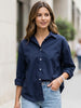 Women's Navy Cotton Full Sleeve Oversized Fit Casual Solid Slub Shirt with Spread Collar