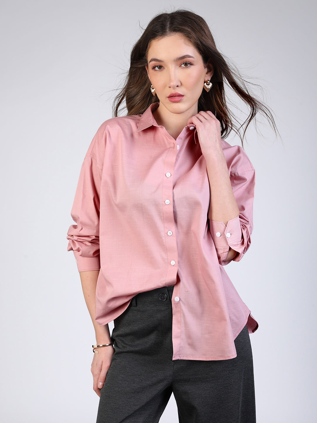 Women's Pink Cotton Full Sleeve Oversized Fit Casual Solid Slub Shirt with Spread Collar
