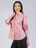 Women's Pink Cotton Full Sleeve Oversized Fit Casual Solid Slub Shirt with Spread Collar