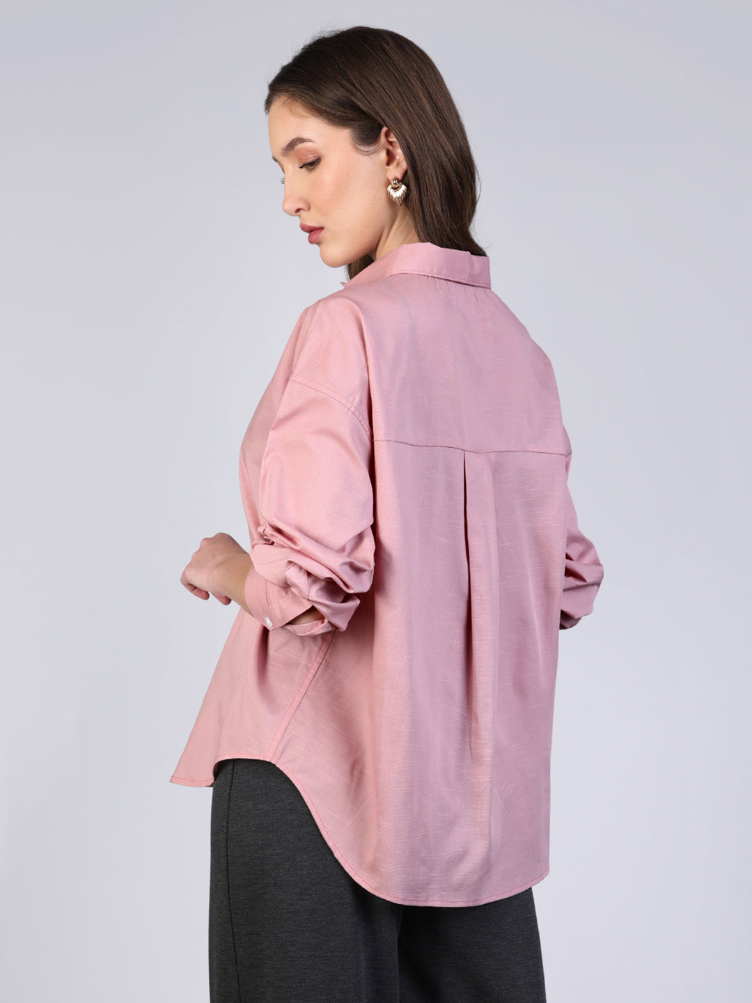 Women's Pink Cotton Full Sleeve Oversized Fit Casual Solid Slub Shirt with Spread Collar