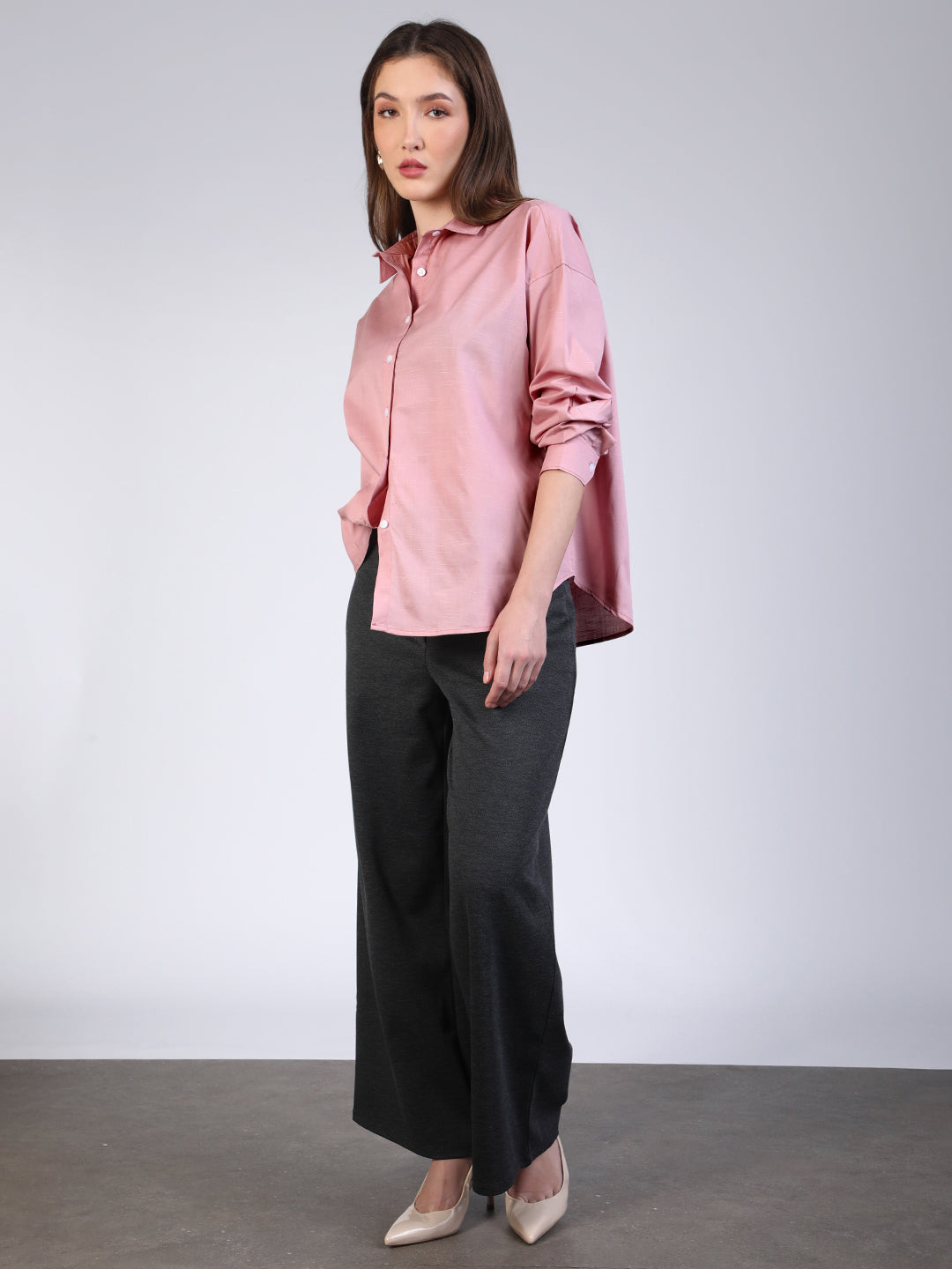 Women's Pink Cotton Full Sleeve Oversized Fit Casual Solid Slub Shirt with Spread Collar