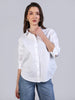 Women's White Cotton Full Sleeve Oversized Fit Casual Solid Slub Shirt with Spread Collar