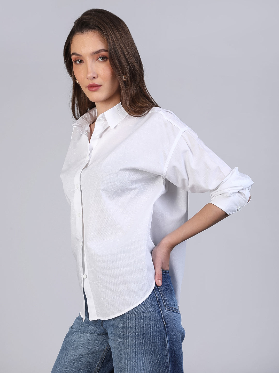 Women's White Cotton Full Sleeve Oversized Fit Casual Solid Slub Shirt with Spread Collar