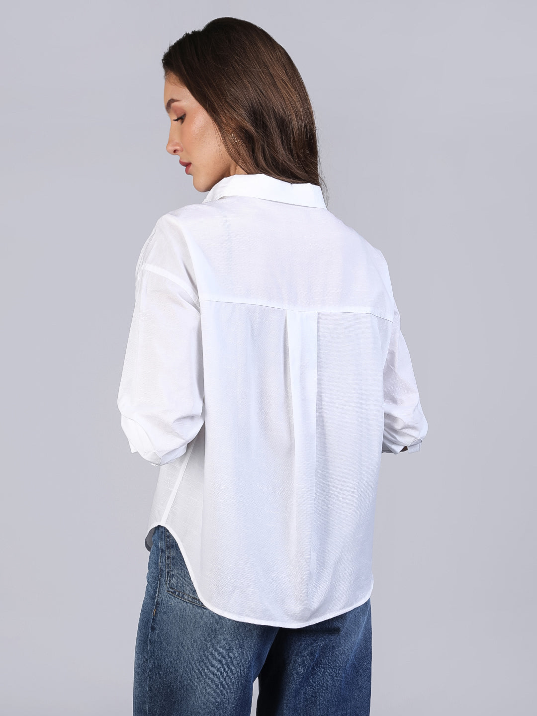 Women's White Cotton Full Sleeve Oversized Fit Casual Solid Slub Shirt with Spread Collar