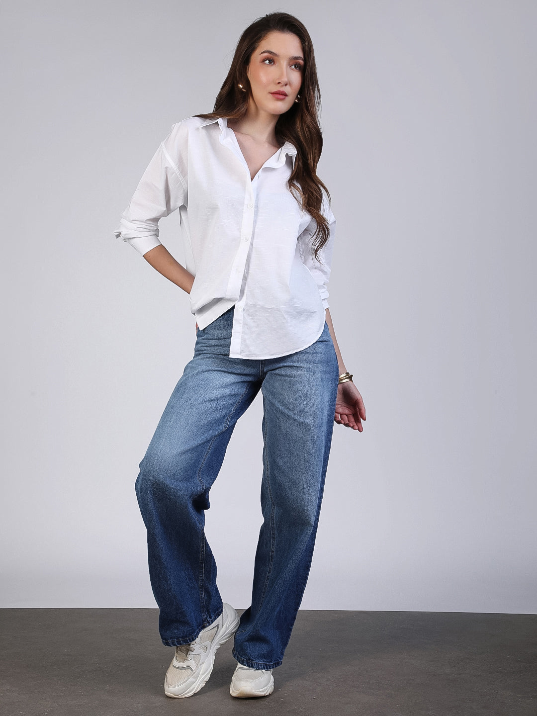 Women's White Cotton Full Sleeve Oversized Fit Casual Solid Slub Shirt with Spread Collar