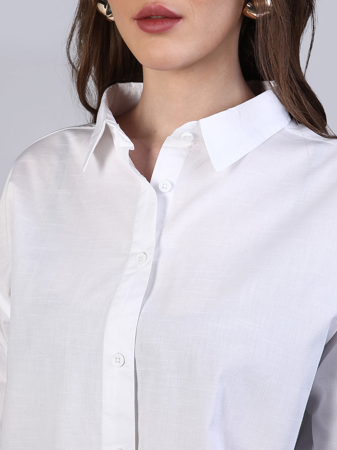 Women's White Cotton Full Sleeve Oversized Fit Casual Solid Slub Shirt with Spread Collar