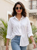 Women's White Cotton Full Sleeve Oversized Fit Casual Solid Slub Shirt with Spread Collar