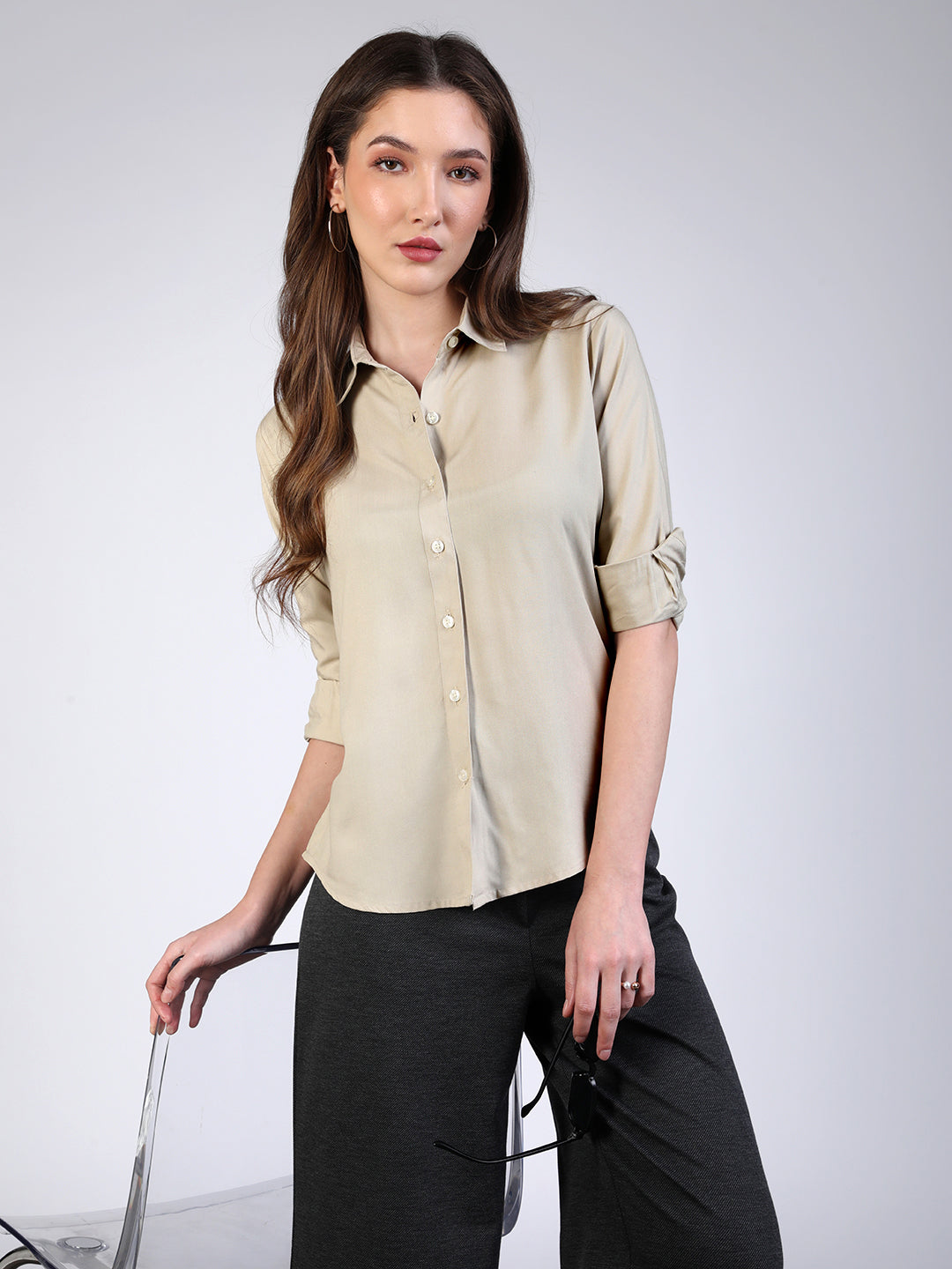 Women's Beige Modal Viscose Full Sleeve Regular Fit Casual Solid Shirt with Regular Collar