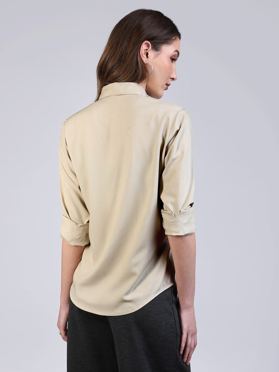 Women's Beige Modal Viscose Full Sleeve Regular Fit Casual Solid Shirt with Regular Collar