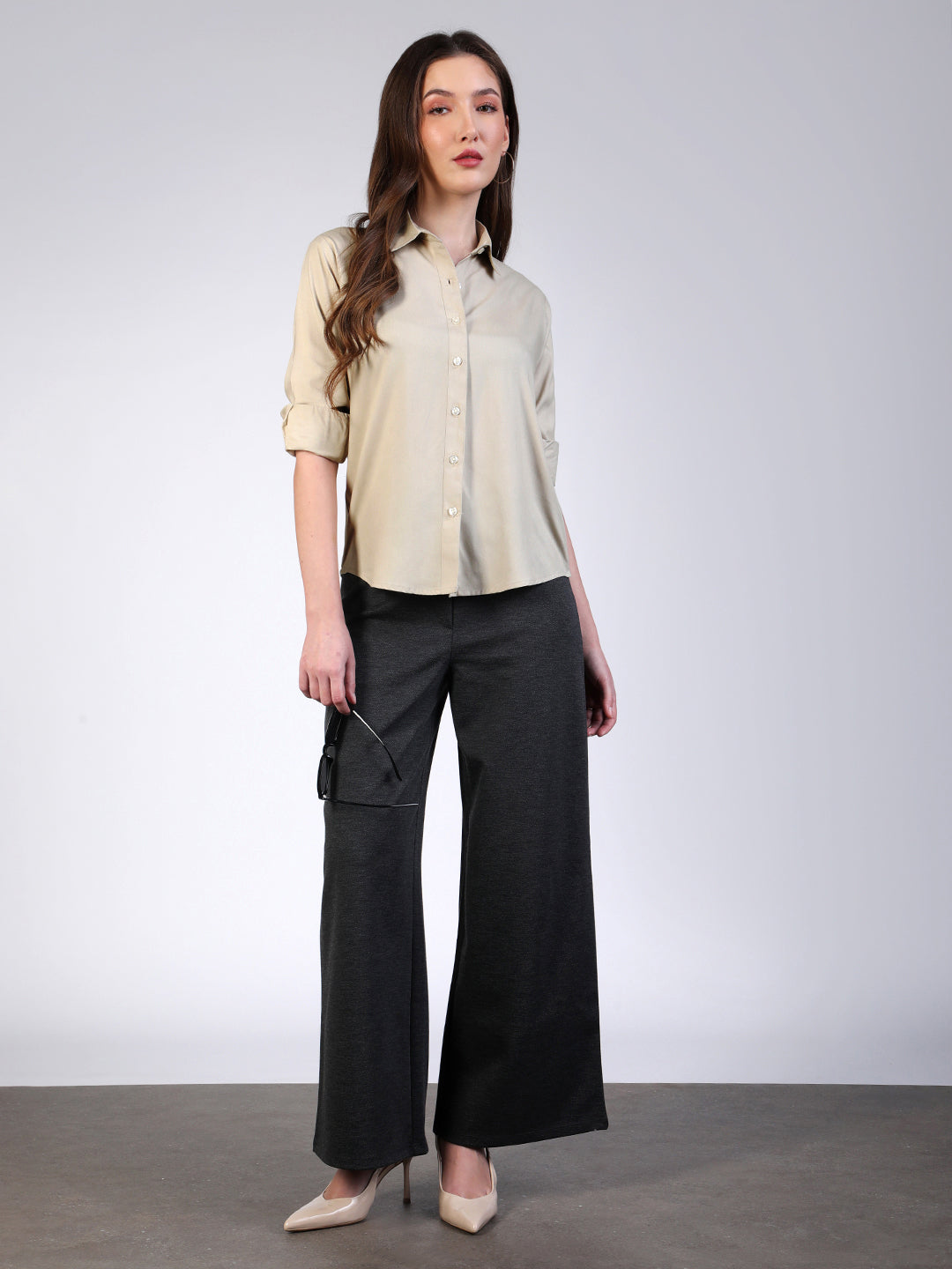 Women's Beige Modal Viscose Full Sleeve Regular Fit Casual Solid Shirt with Regular Collar