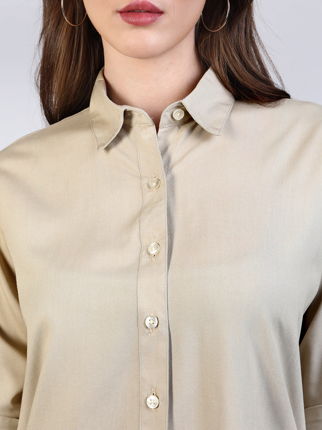 Women's Beige Modal Viscose Full Sleeve Regular Fit Casual Solid Shirt with Regular Collar