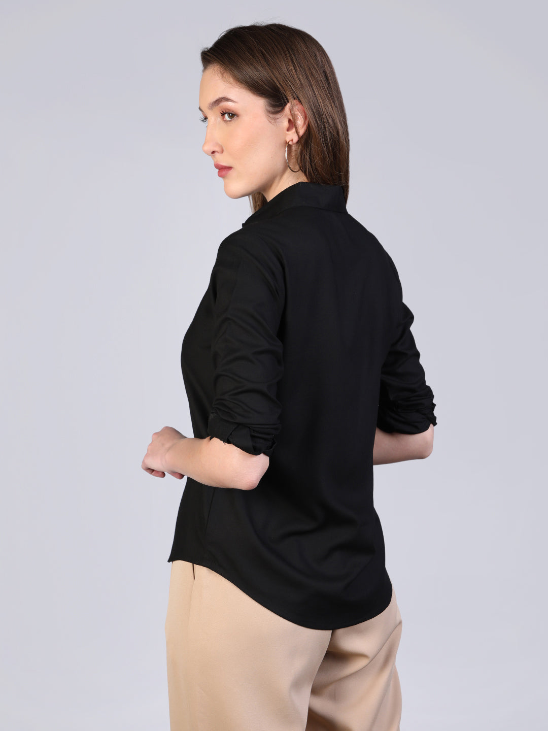 Women's Black Modal Viscose Full Sleeve Regular Fit Casual Solid Shirt with Regular Collar