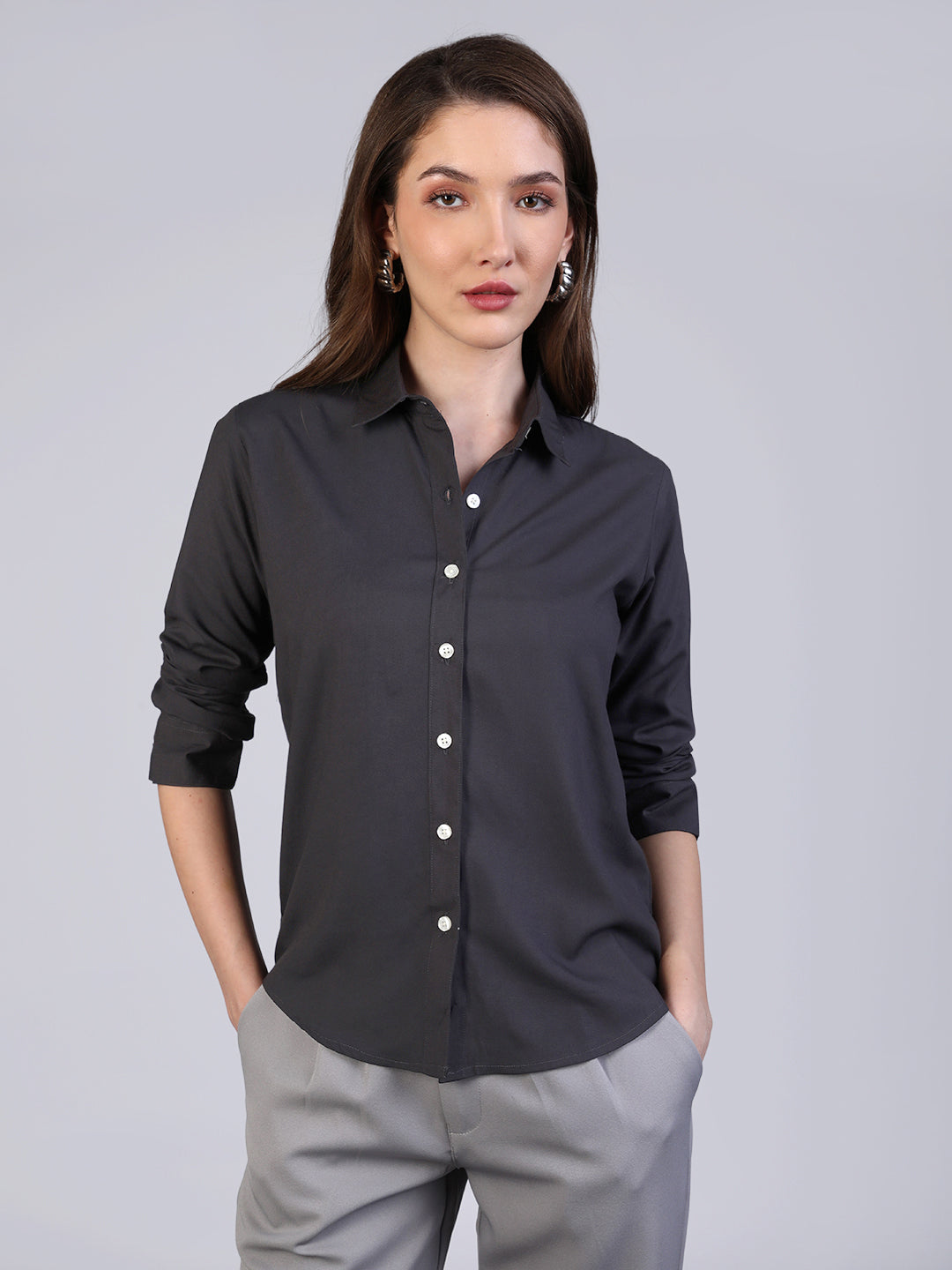 Women's Dark Grey Modal Viscose Full Sleeve Regular Fit Casual Solid Shirt with Regular Collar