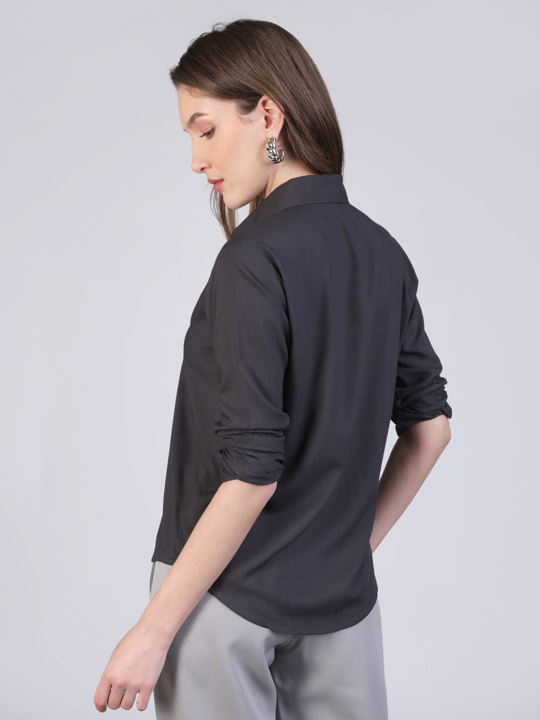 Women's Dark Grey Modal Viscose Full Sleeve Regular Fit Casual Solid Shirt with Regular Collar