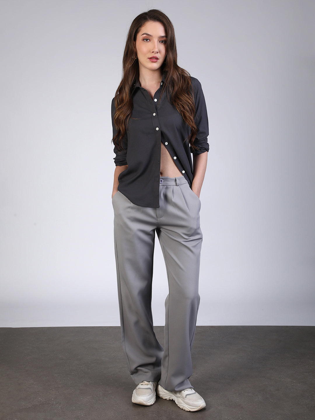 Women's Dark Grey Modal Viscose Full Sleeve Regular Fit Casual Solid Shirt with Regular Collar