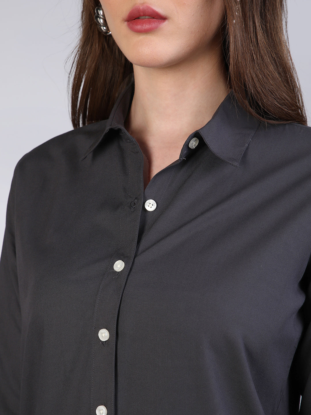 Women's Dark Grey Modal Viscose Full Sleeve Regular Fit Casual Solid Shirt with Regular Collar