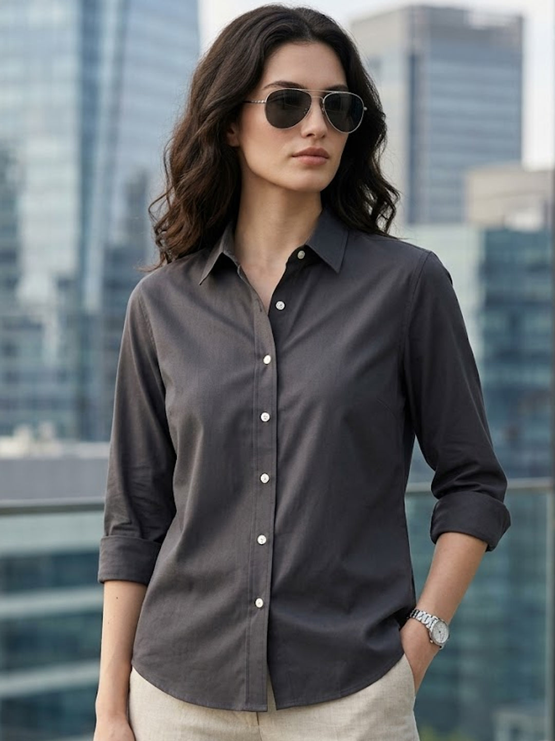 Women's Dark Grey Modal Viscose Full Sleeve Regular Fit Casual Solid Shirt with Regular Collar