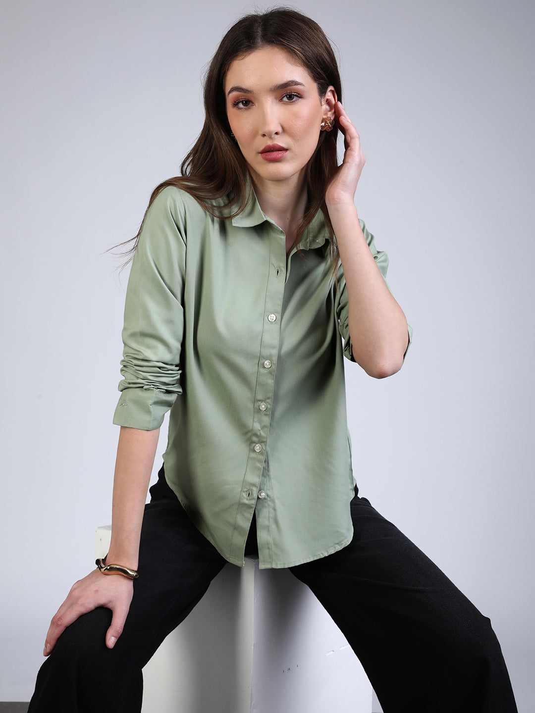 Women's Dusty Green Modal Viscose Full Sleeve Regular Fit Casual Solid Shirt with Regular Collar