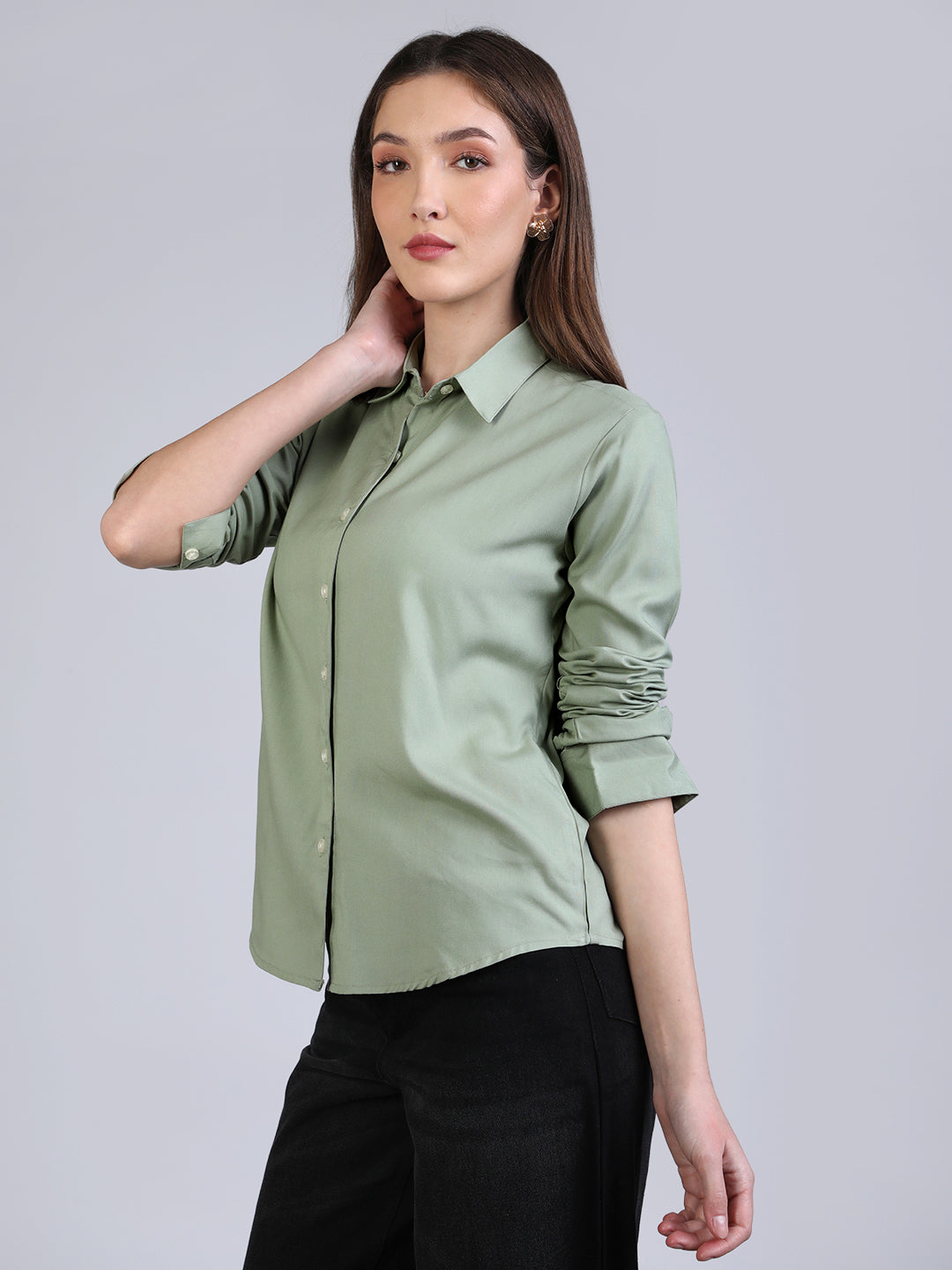 Women's Dusty Green Modal Viscose Full Sleeve Regular Fit Casual Solid Shirt with Regular Collar
