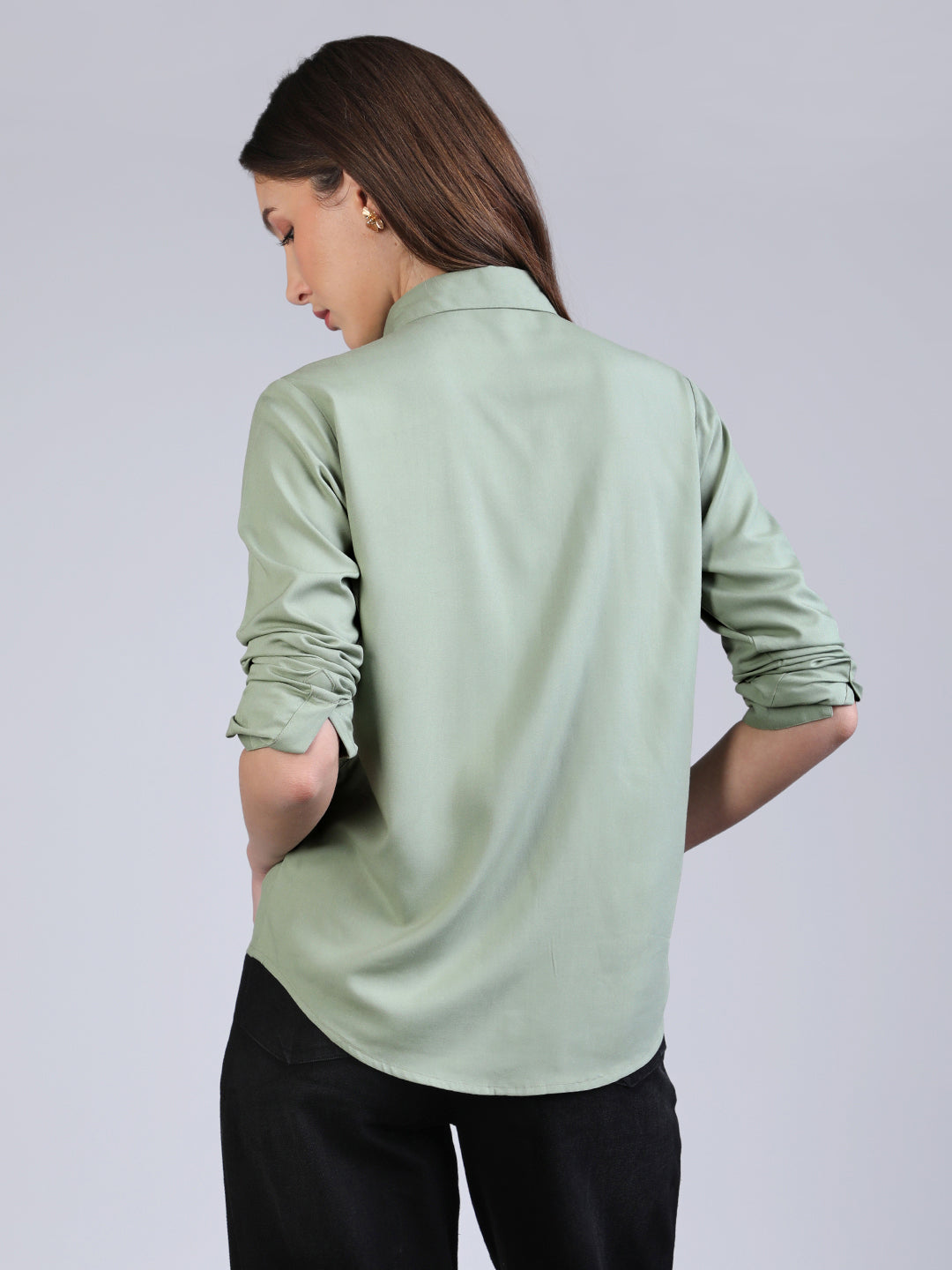 Women's Dusty Green Modal Viscose Full Sleeve Regular Fit Casual Solid Shirt with Regular Collar