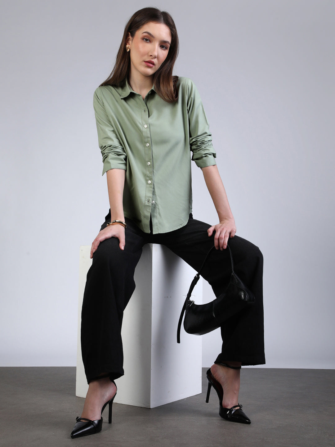 Women's Dusty Green Modal Viscose Full Sleeve Regular Fit Casual Solid Shirt with Regular Collar